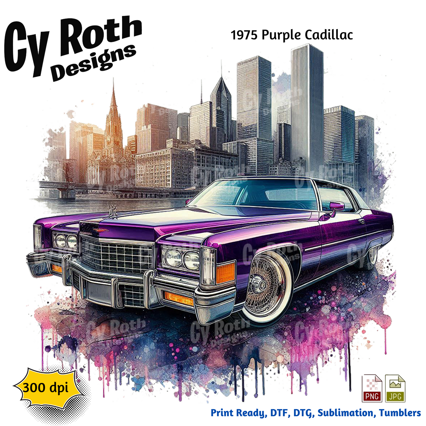 1975 Cadillac Sublimation PNG JPG file, Wall Art 20oz skinny Tumbler, shirt PNG, Junk Journal image