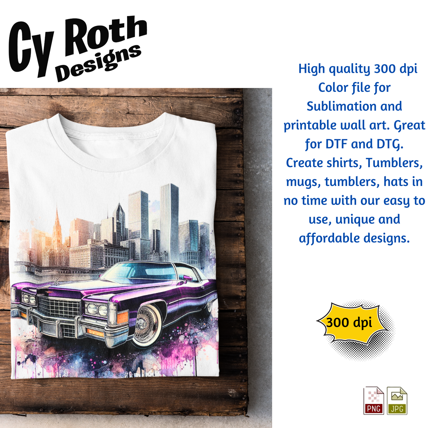 1975 Cadillac Sublimation PNG JPG file, Wall Art 20oz skinny Tumbler, shirt PNG, Junk Journal image