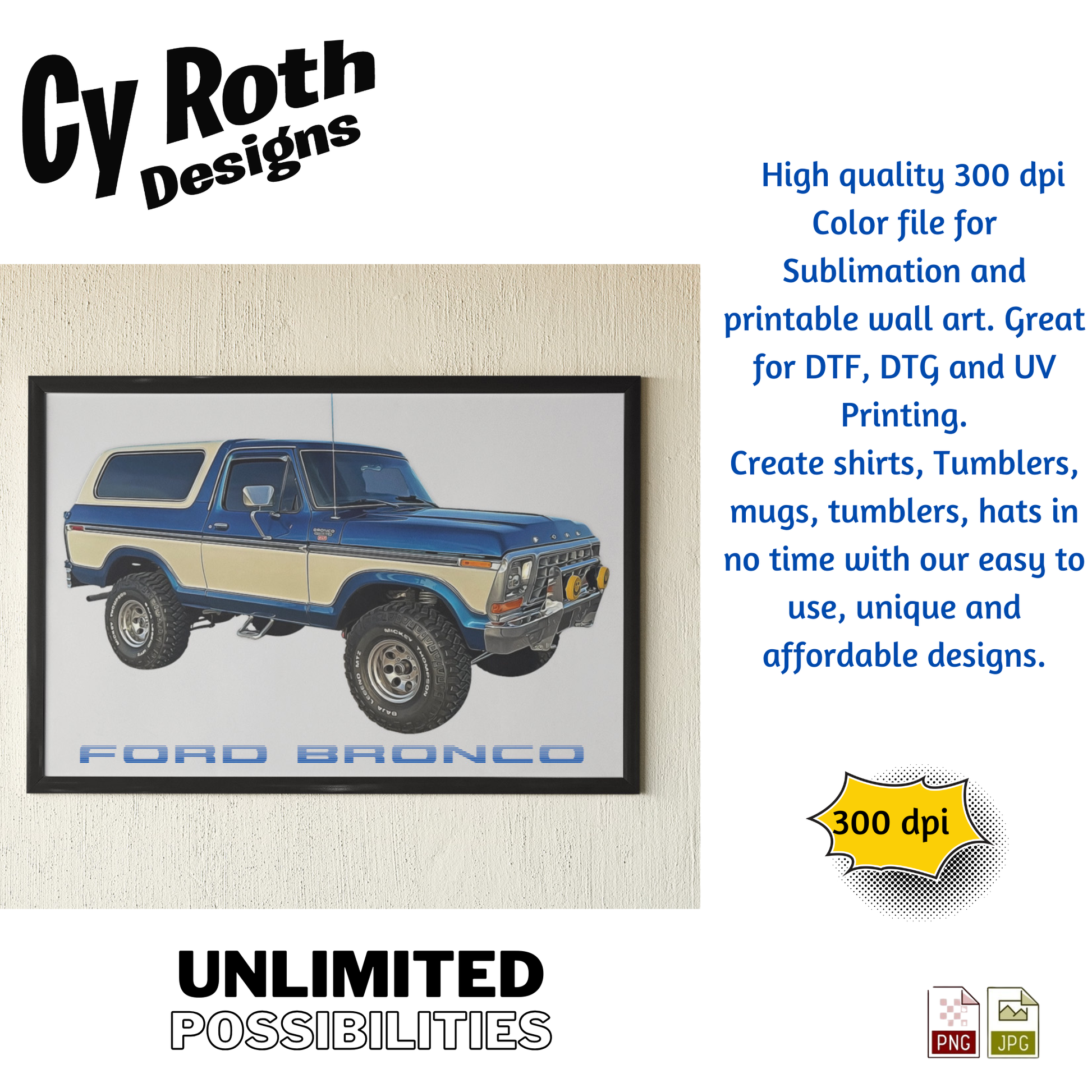 Framed artwork of a Ford Bronco with Cy Roth Designs branding and product details.