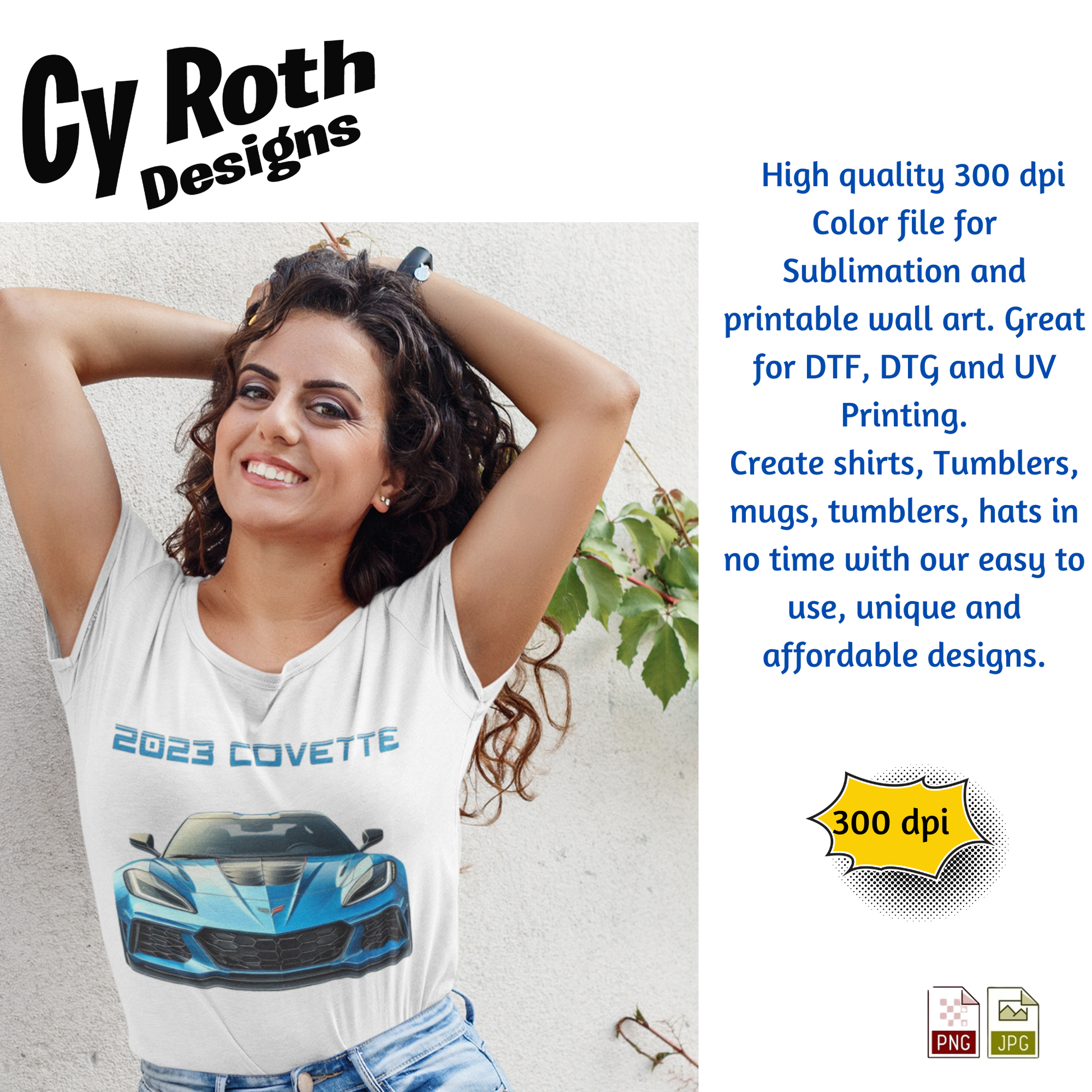 Woman wearing t-shirt of a 2023 Chevy Corvette sublimation design