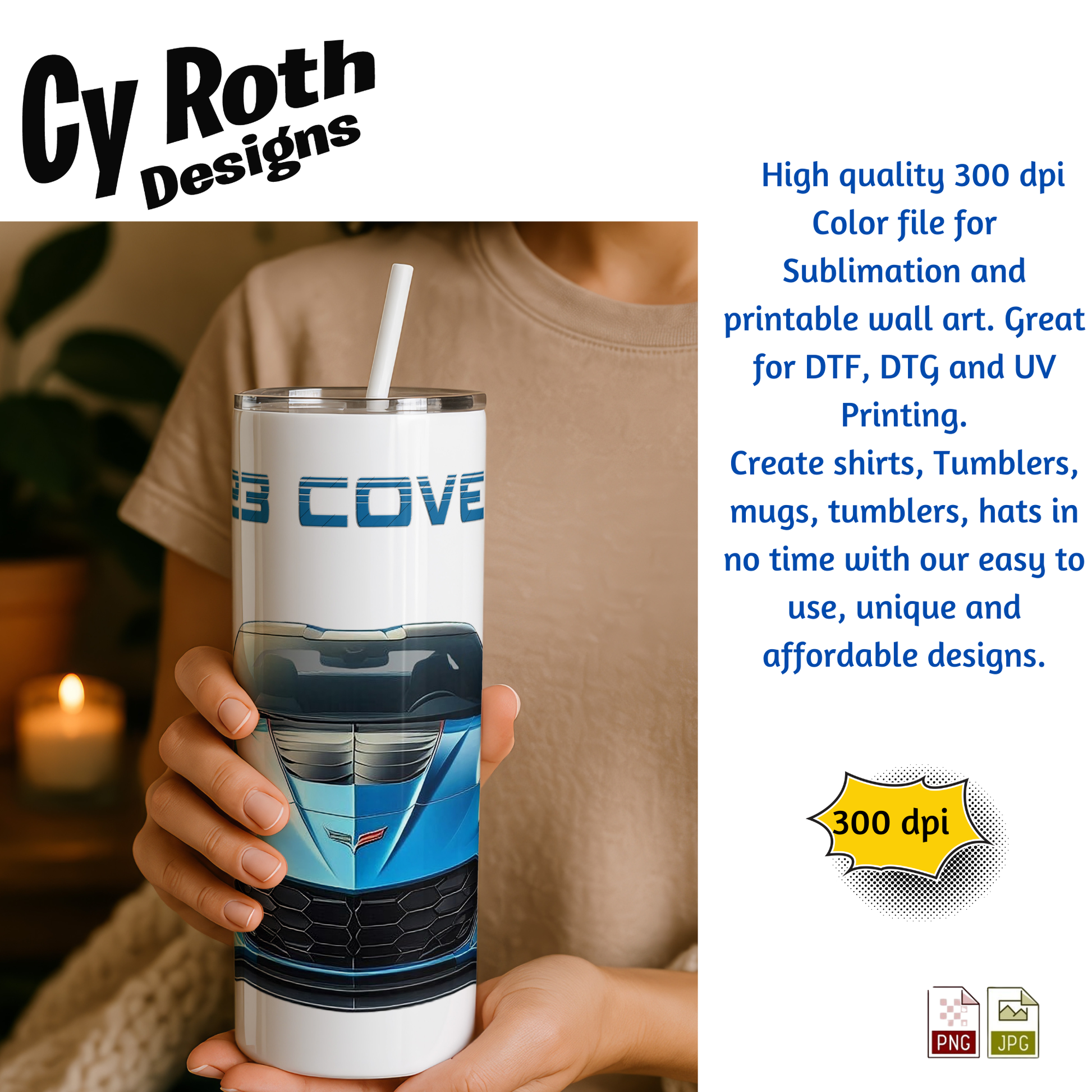 Woman holding tumbler with 2023 Chevy Corvette sublimation design