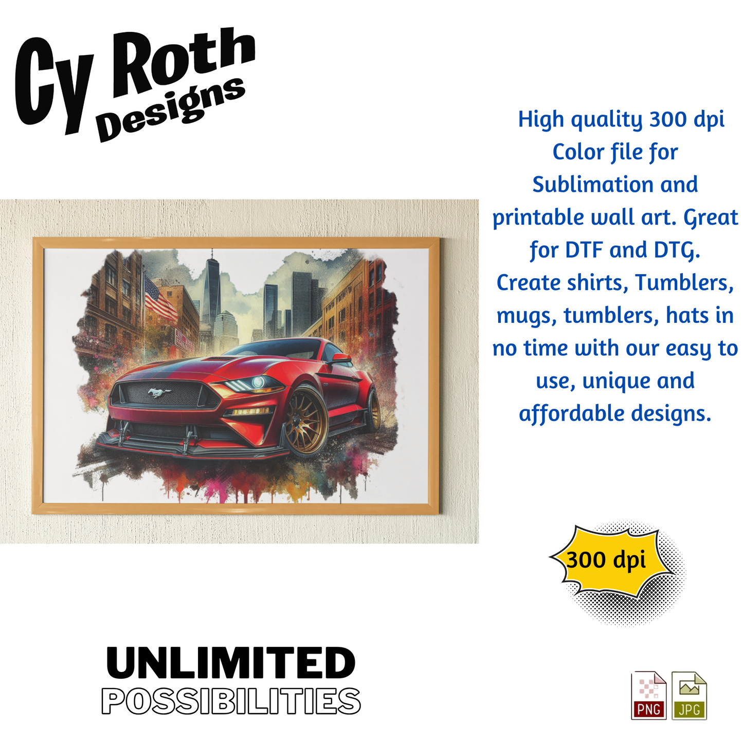 2023 Mustang Sublimation Wall Art 20oz skinny Tumbler PNG JPG file, shirt PNG, Junk Journal image