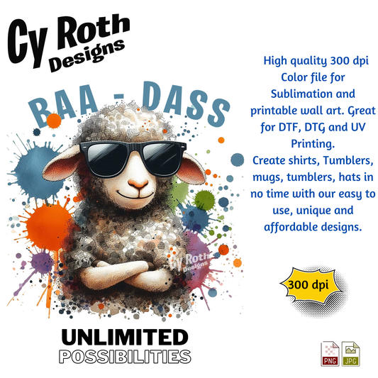 Sassy Sheep "BAA-DASS" Sublimation Design: Tumblers, Shirts, Wall Art (PNG, JPG Digital Download)