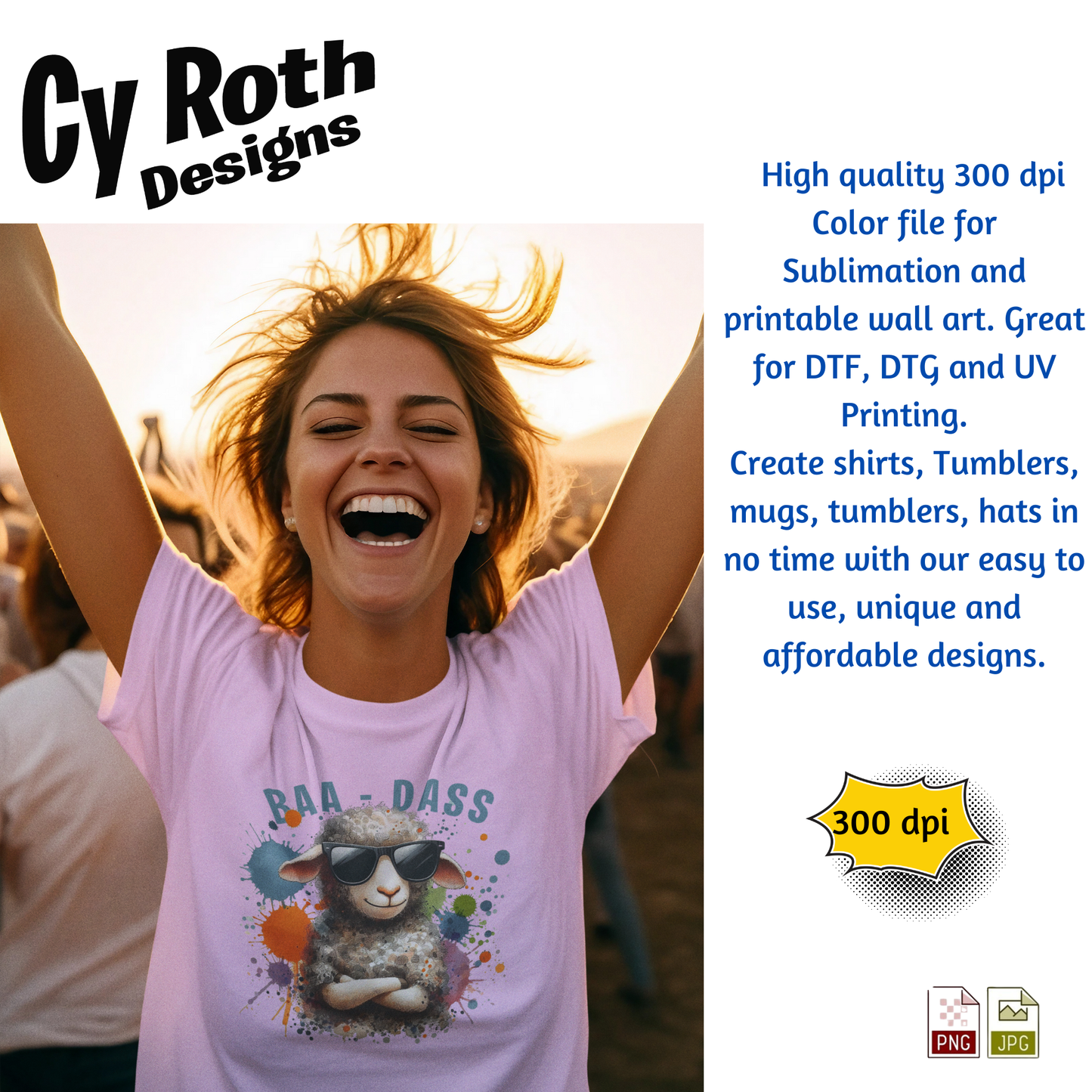 Woman wearing t-shirt featuring Sassy Sheep "BAA-DASS" Sublimation Artwork by CyRoth Designs