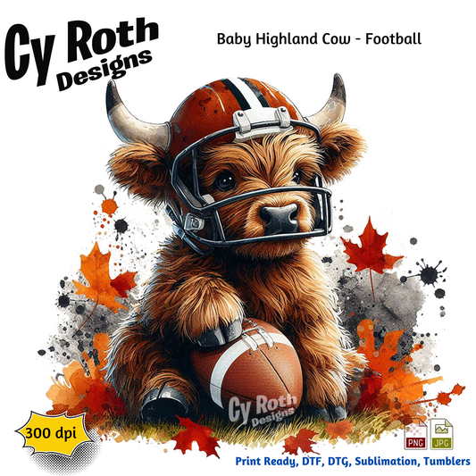 Illustration of a Highland cow wearing a football helmet and holding a football, with 'Cy Roth Designs' branding.