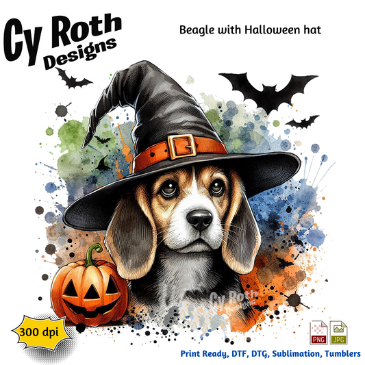 Beagle dog wearing a Halloween witch hat with pumpkins and bats on a colorful splatter background, featuring Cy Roth Designs.