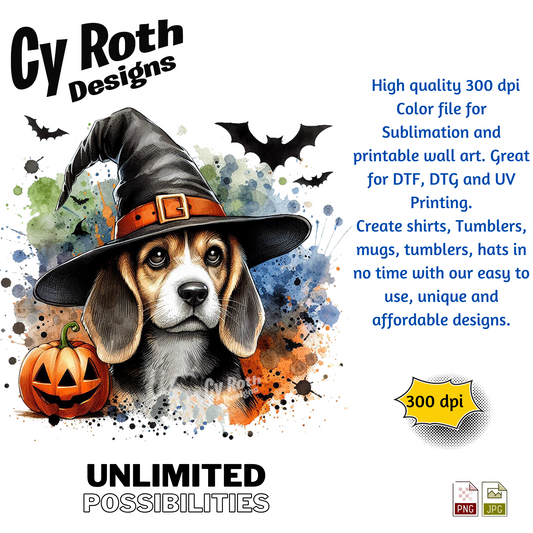Halloween-themed design with a dog wearing a witch hat, pumpkins, and bats, featuring Cy Roth Designs branding.