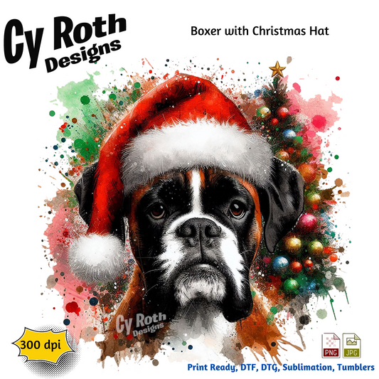 Boxer dog wearing a Santa hat with Christmas decorations on a colorful background, featuring Cy Roth Designs branding.
