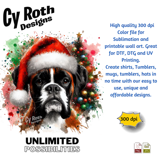 Dog wearing a Santa hat with Christmas tree decorations, surrounded by splashes of color, on a white background with text about Cy Roth Designs.