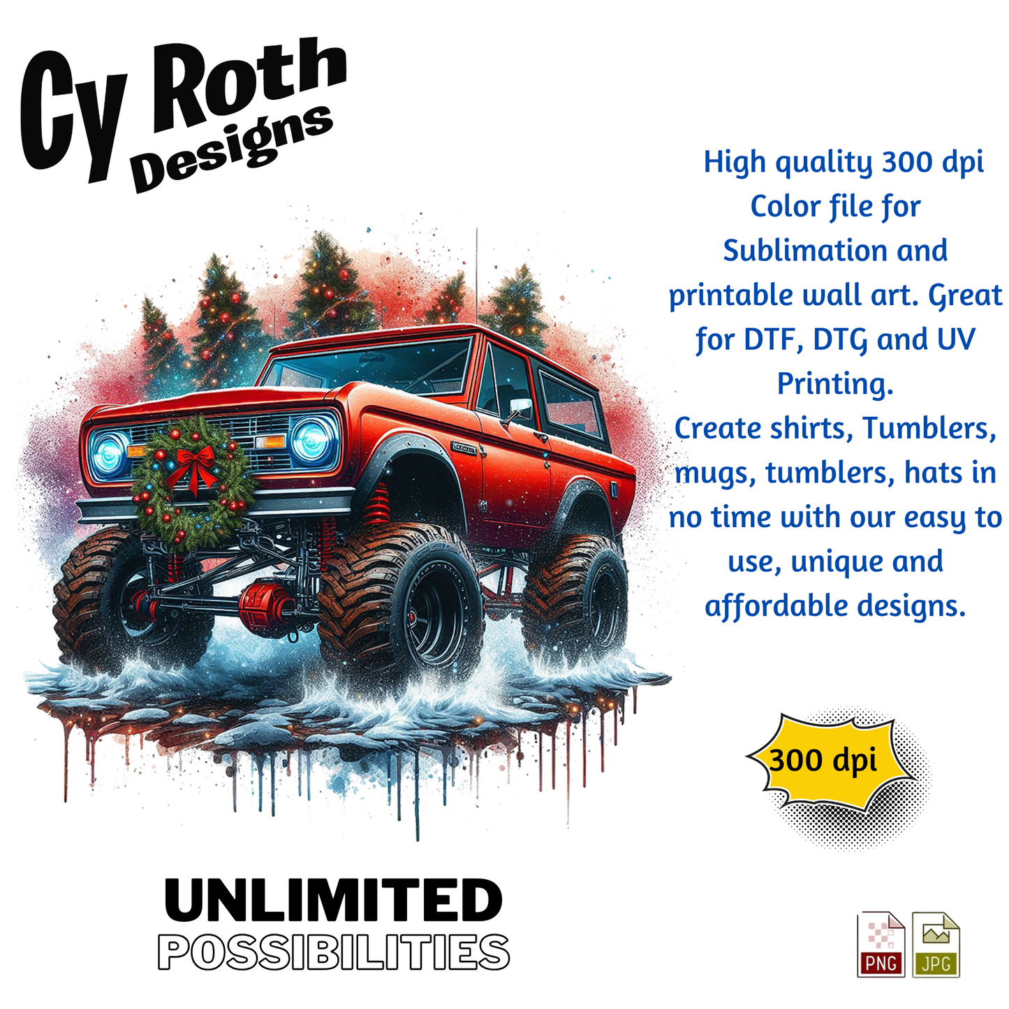 Ford Bronco at Christmas Sublimation Wall Art 20oz skinny Tumbler PNG JPG file, shirt PNG, Junk Journal image