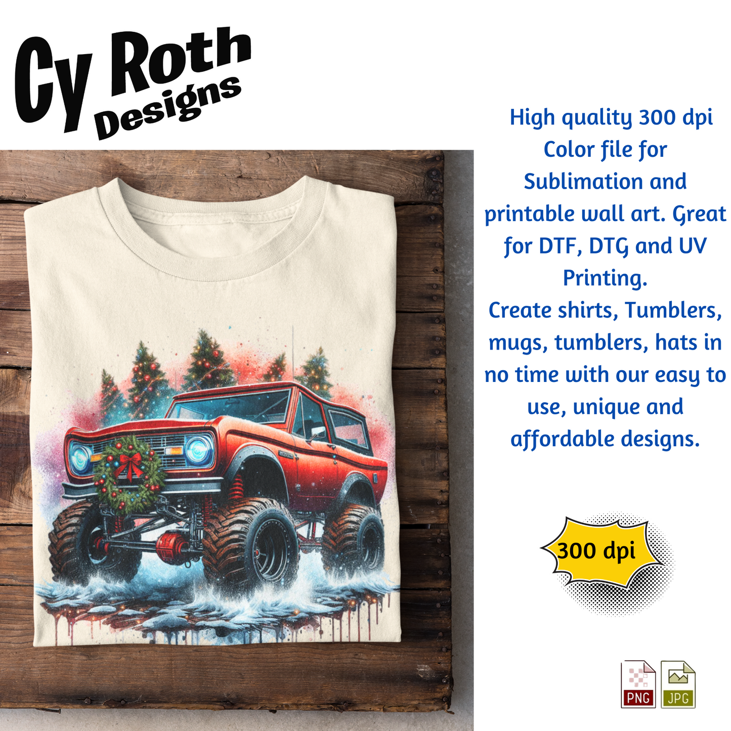 Ford Bronco at Christmas Sublimation Wall Art 20oz skinny Tumbler PNG JPG file, shirt PNG, Junk Journal image
