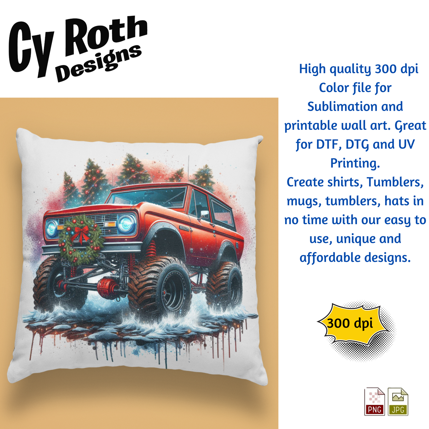 Ford Bronco at Christmas Sublimation Wall Art 20oz skinny Tumbler PNG JPG file, shirt PNG, Junk Journal image