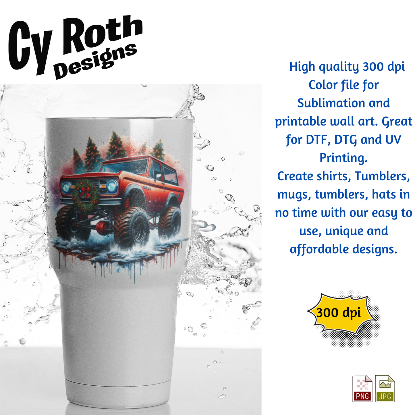 Ford Bronco at Christmas Sublimation Wall Art 20oz skinny Tumbler PNG JPG file, shirt PNG, Junk Journal image