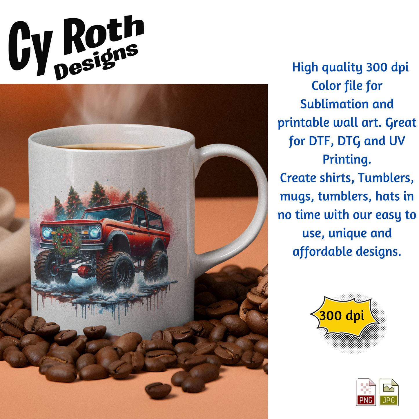 Ford Bronco at Christmas Sublimation Wall Art 20oz skinny Tumbler PNG JPG file, shirt PNG, Junk Journal image