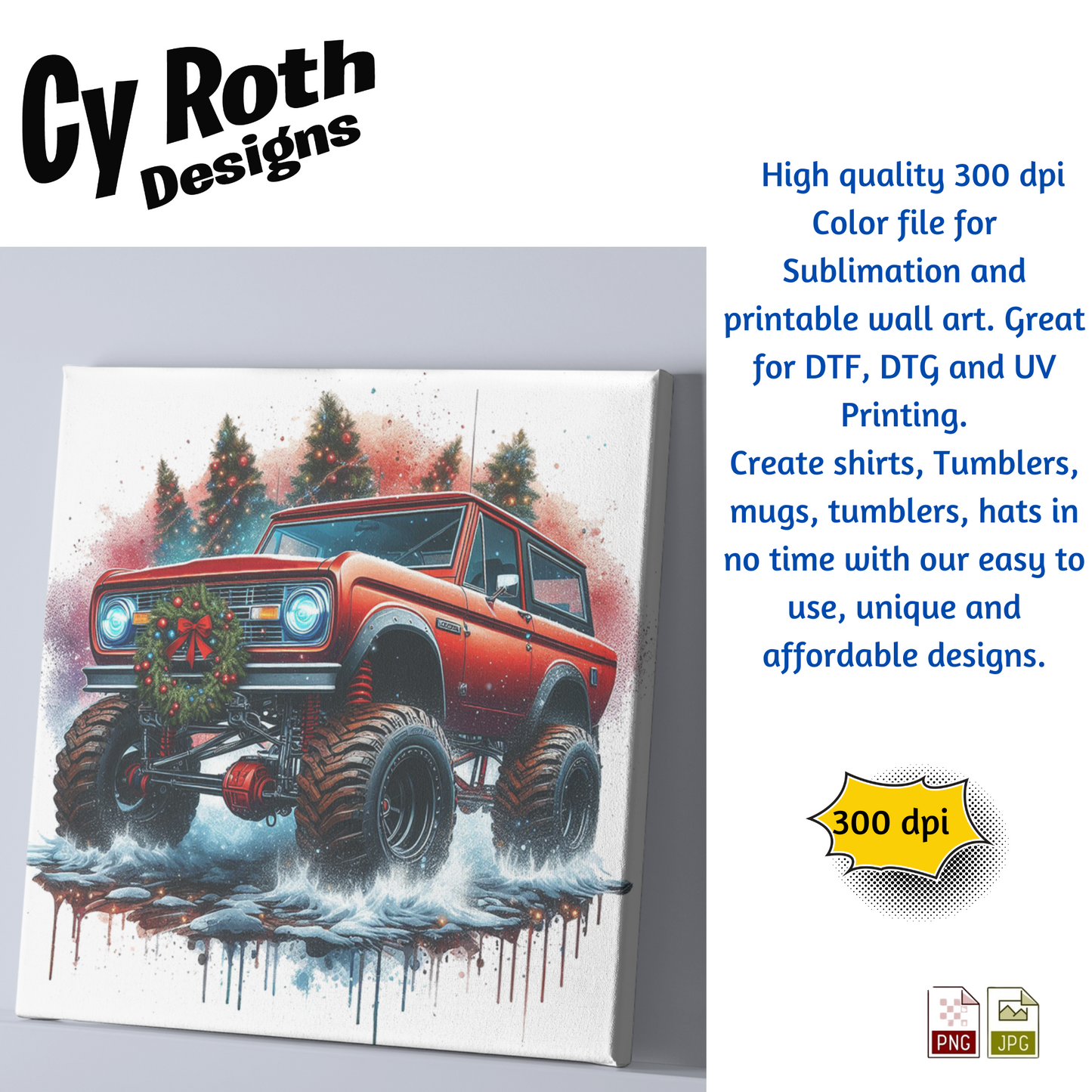 Ford Bronco at Christmas Sublimation Wall Art 20oz skinny Tumbler PNG JPG file, shirt PNG, Junk Journal image