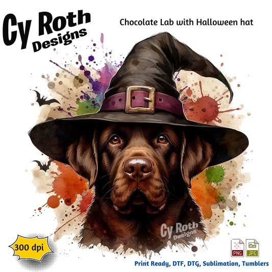 Chocolate Lab wearing a witch hat with Halloween-themed background, Cy Roth Designs branding.