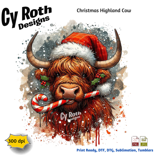 Illustration of a Highland cow wearing a Santa hat with Christmas decorations, featuring Cy Roth Designs branding.