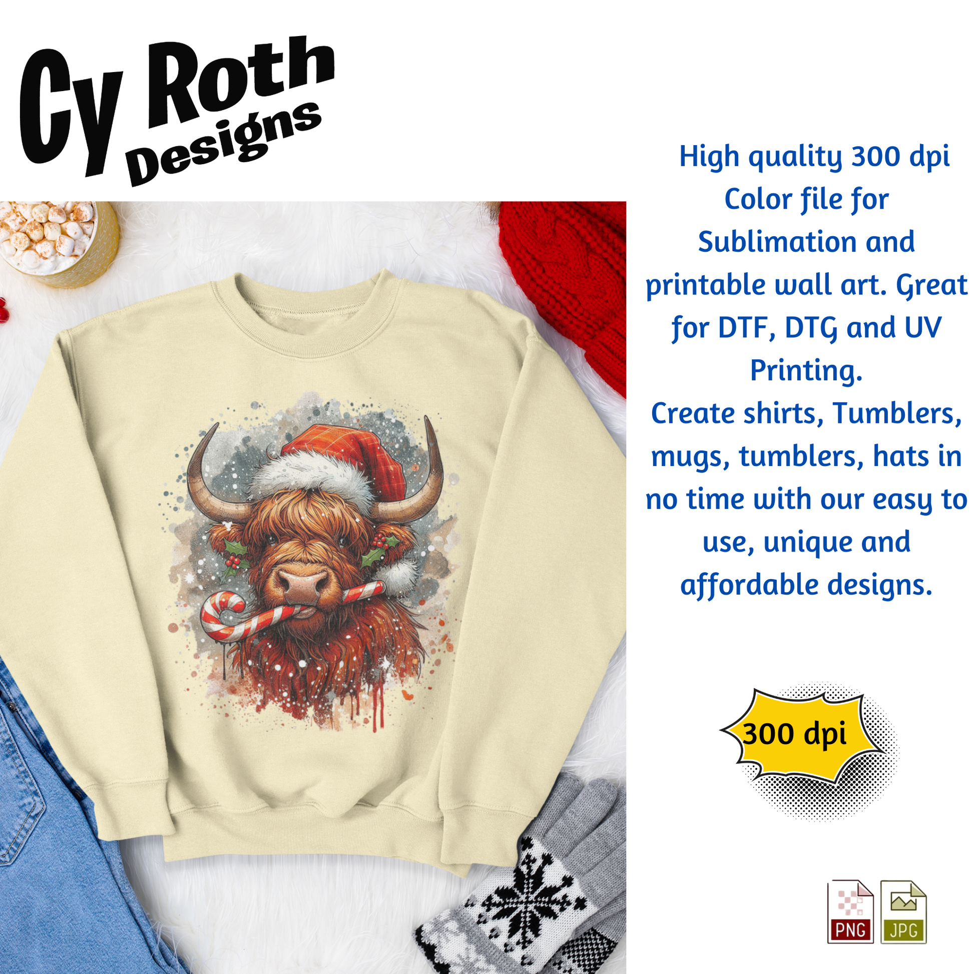Sweatshirt featuring a Highland cow wearing a Santa hat sublimation design