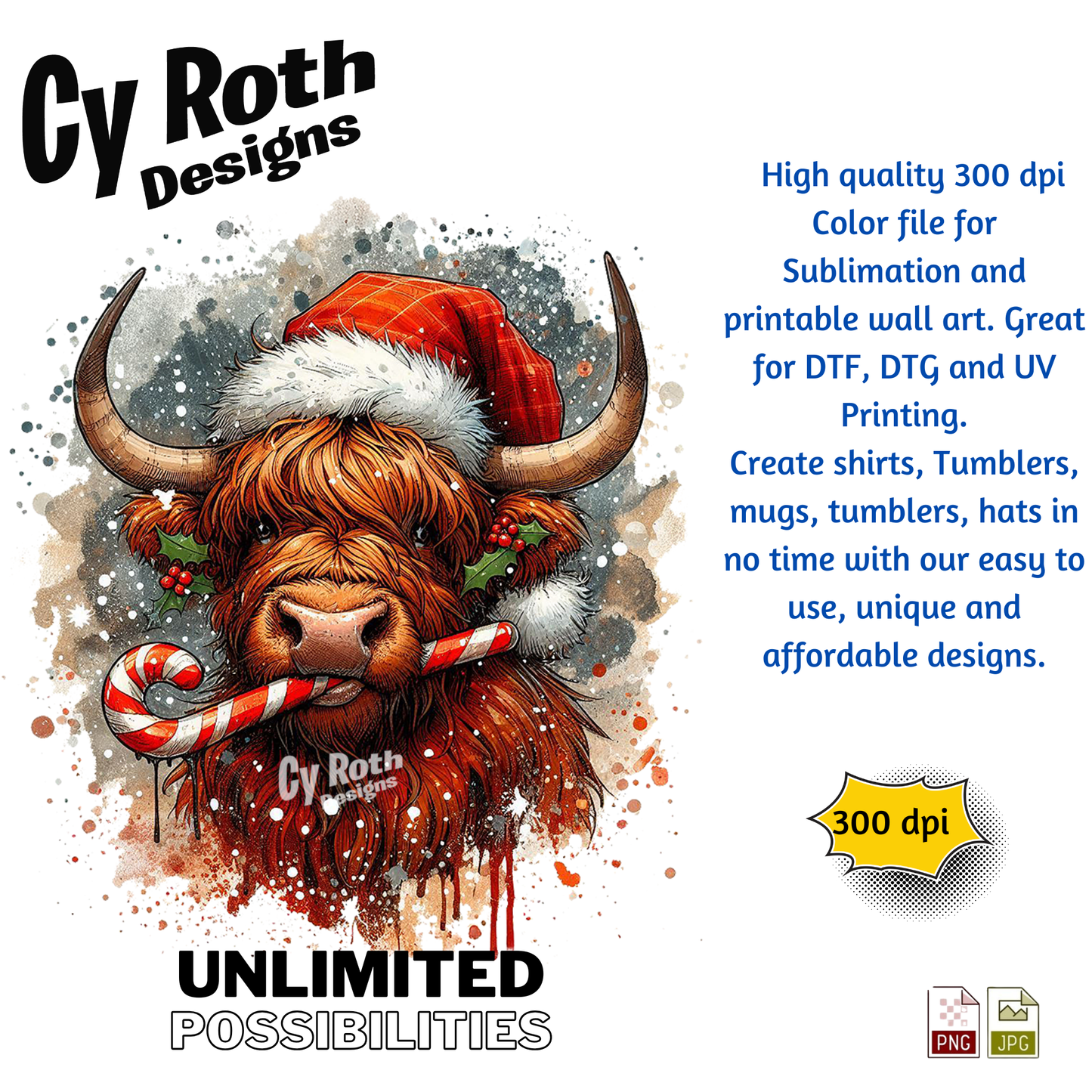 Illustration of a Highland cow wearing a Santa hat with Christmas decorations