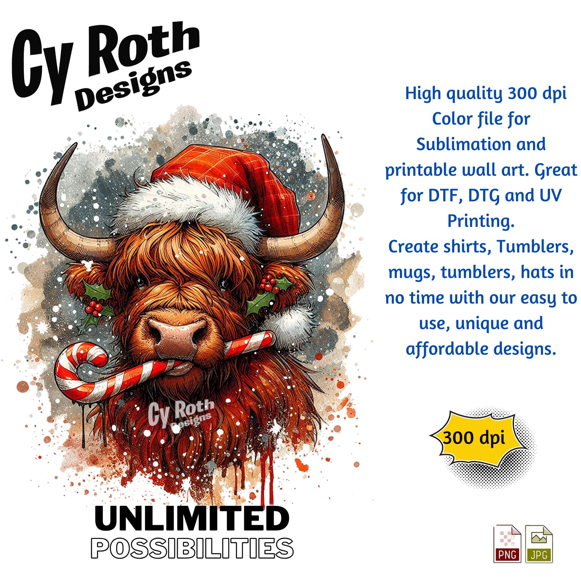 Illustration of a Highland cow wearing a Santa hat with Christmas decorations