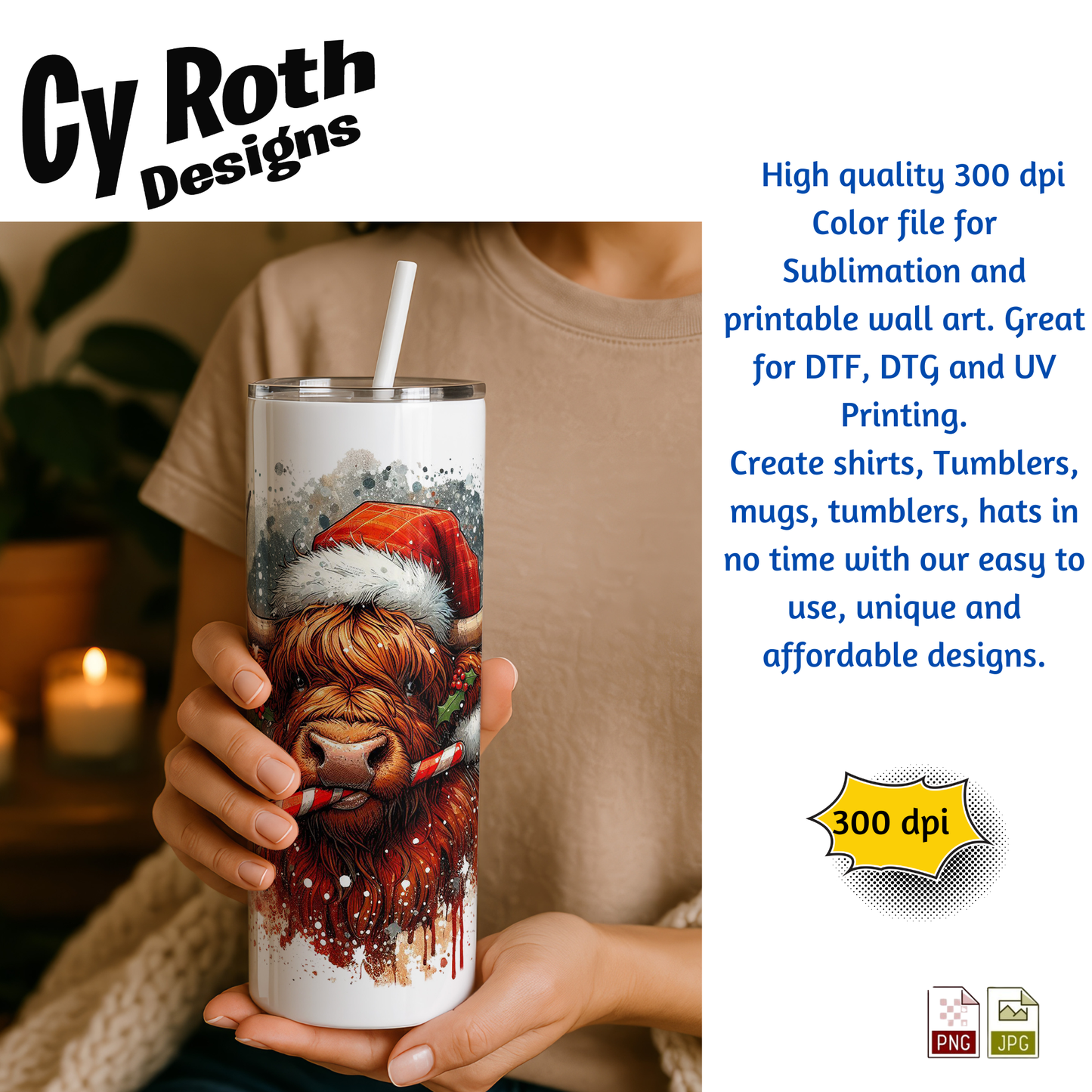 Woman holding a tumbler with an Illustration of a Highland cow wearing a Santa hat with Christmas decorations