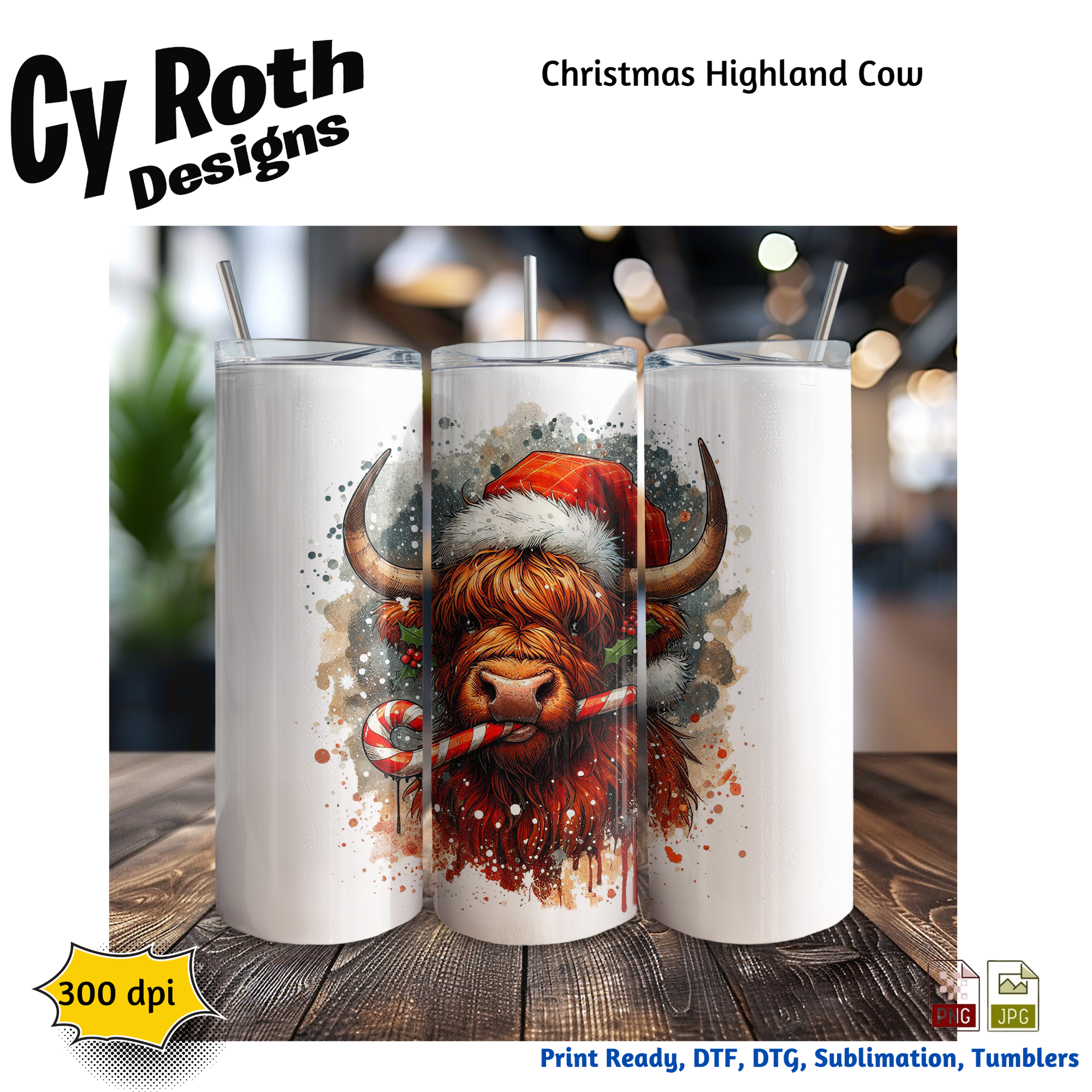 12 oz tumbler featuring Illustration of a Highland cow wearing a Santa hat with Christmas decorations