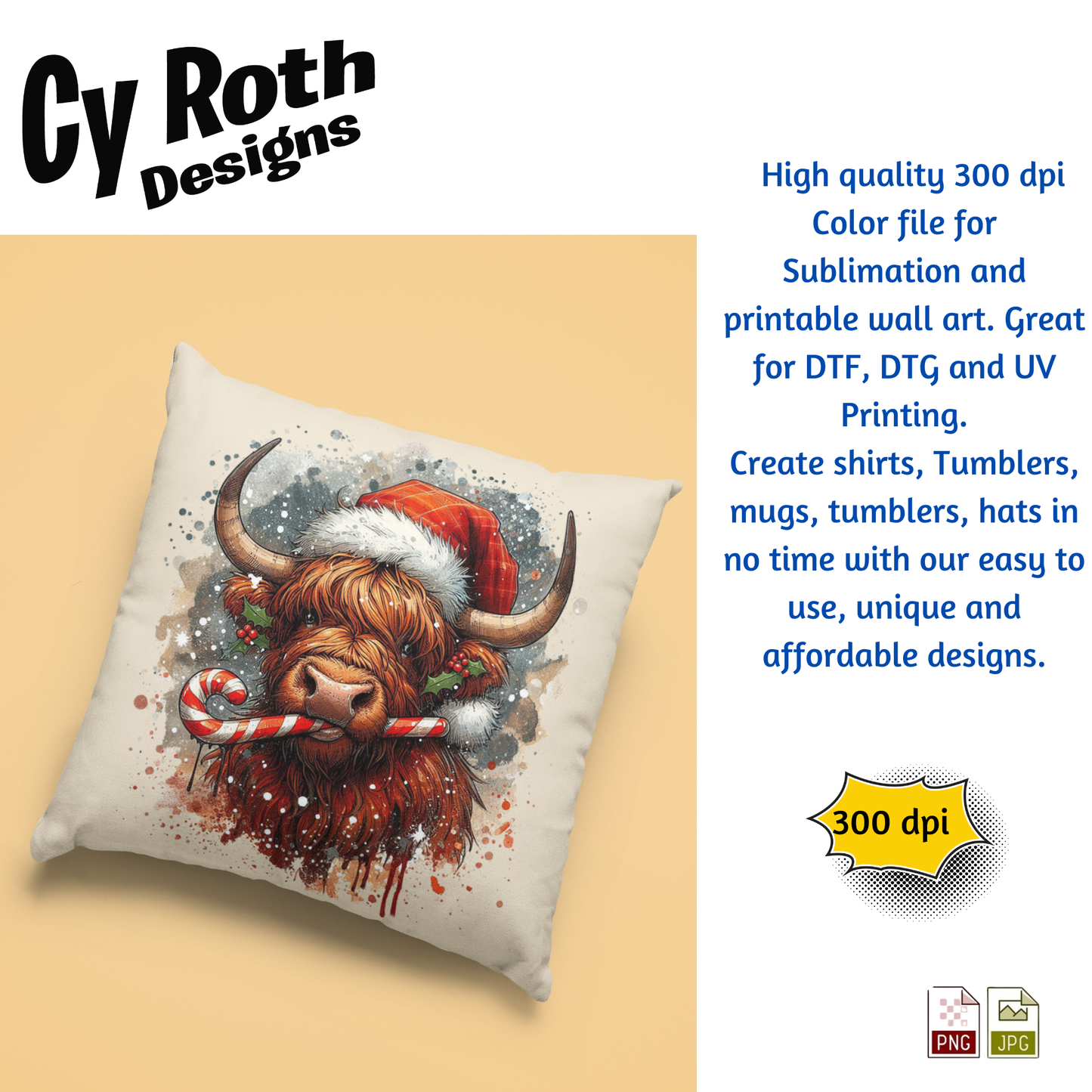 Decorative pillow with a Highland cow wearing a Santa hat sublimation design