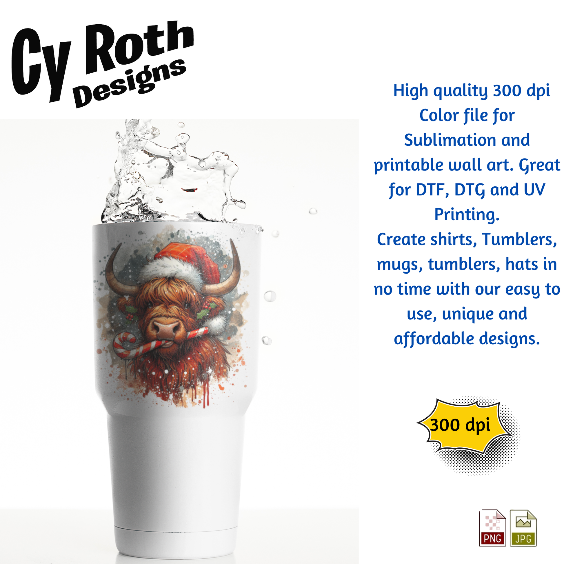 Travel tumbler with a Highland cow wearing a Santa hat sublimation design