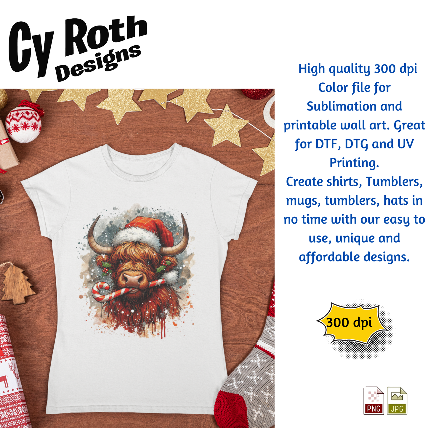 T-shirt featuring a Highland cow wearing a Santa hat sublimation design