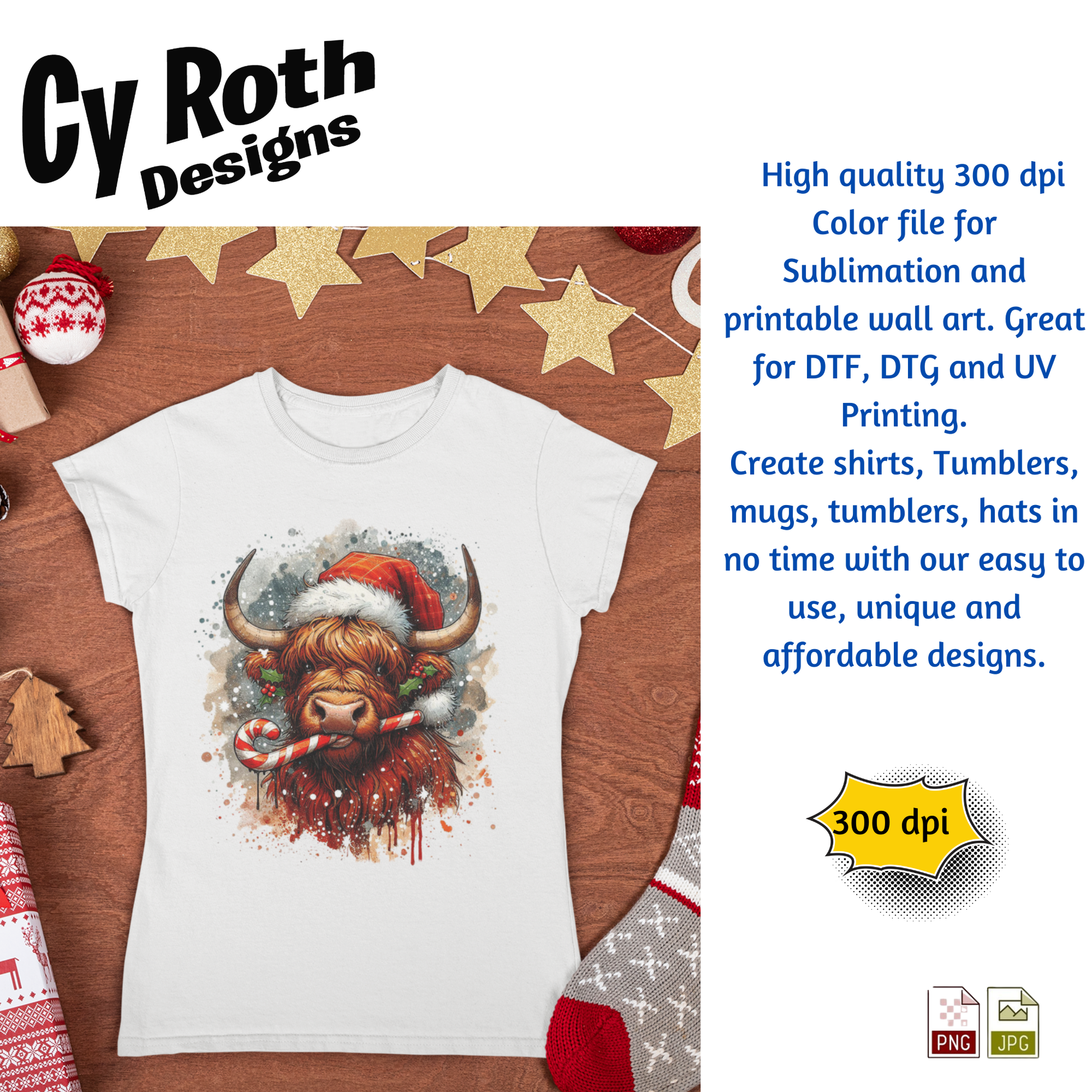 T-shirt featuring a Highland cow wearing a Santa hat sublimation design