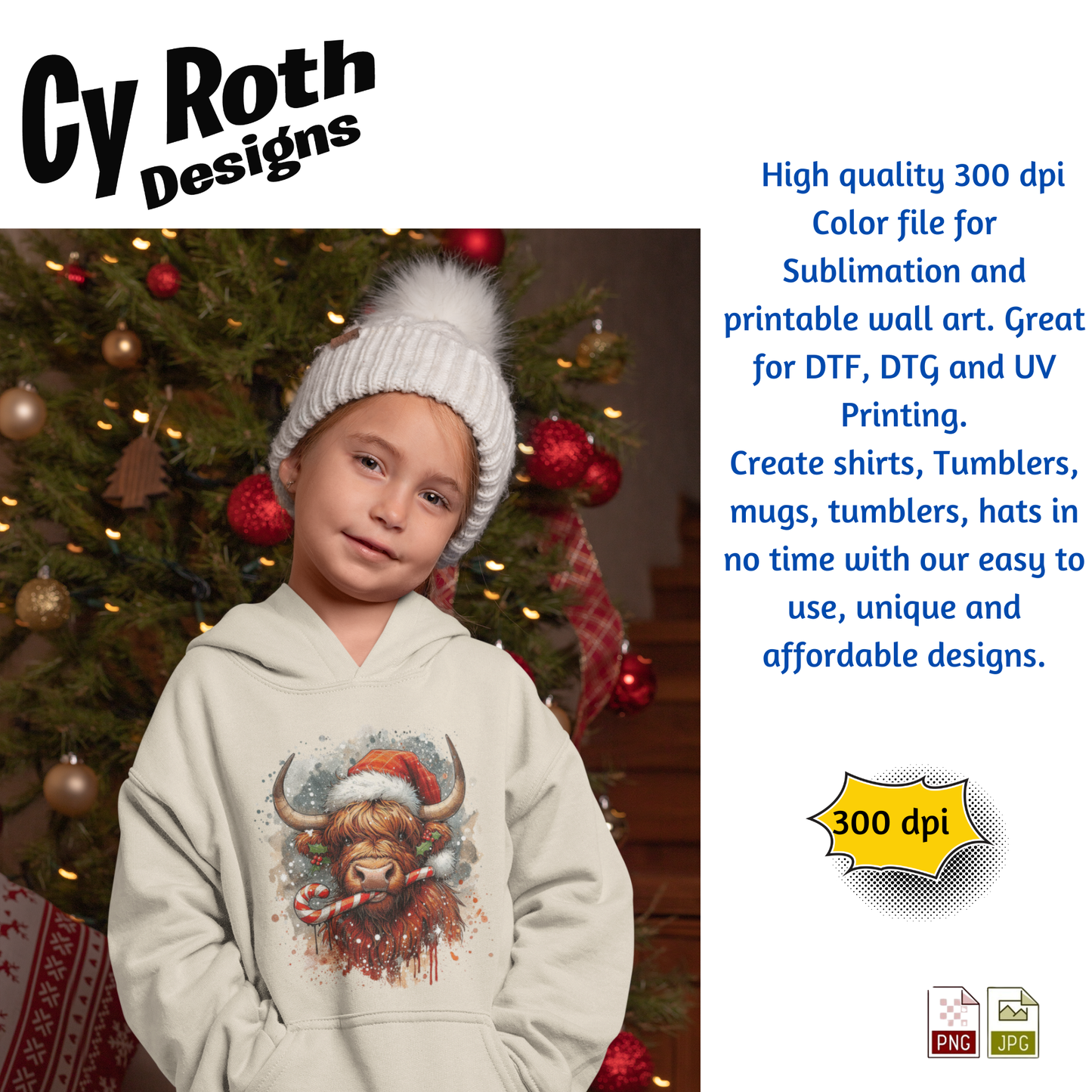 Child wearing a sweatshirt with a Highland cow wearing a Santa hat sublimation design