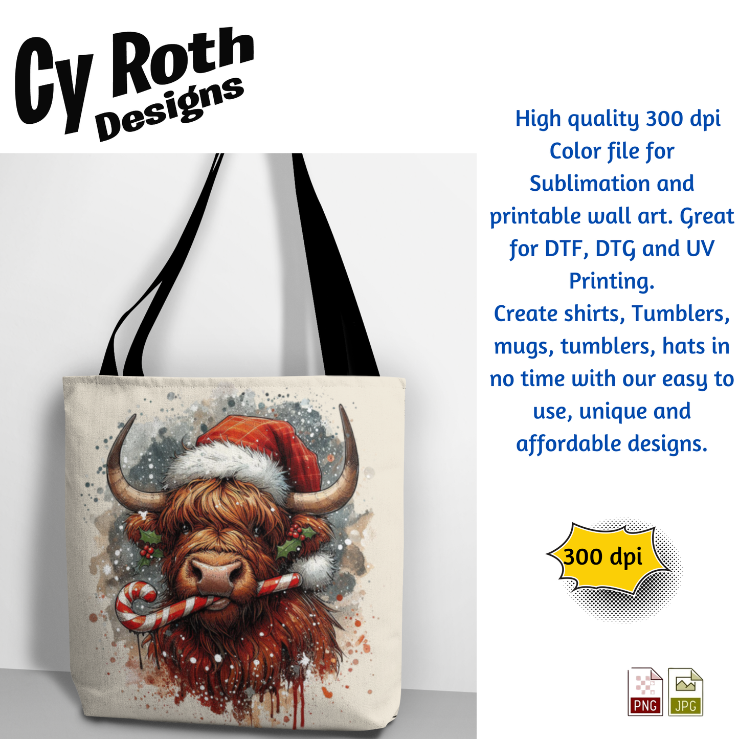 Tote bag with sumblimation design of a Highland cow wearing a Santa hat sublimation design