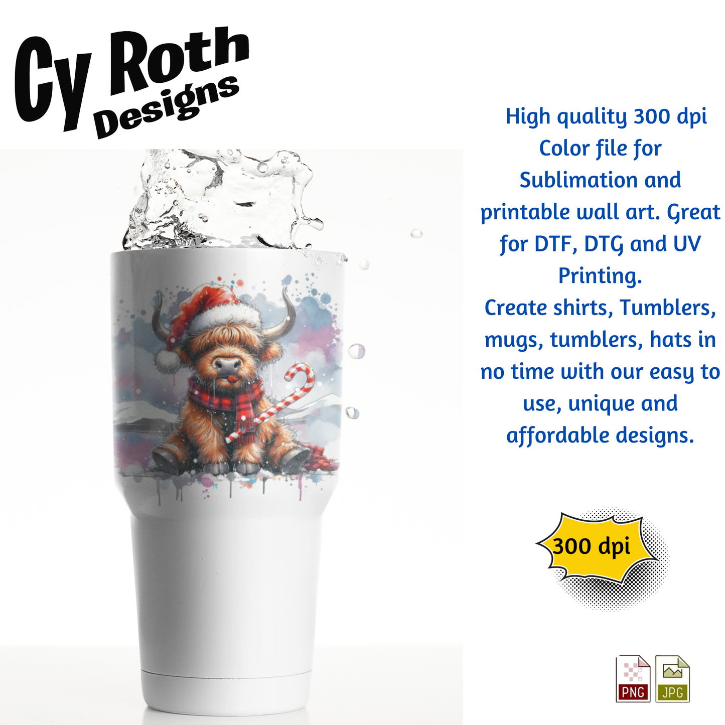 HIghland Cow Christmas Sublimation PNG JPG file, Wall Art 20oz skinny Tumbler, shirt PNG, Downloadable File