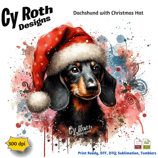 Dachshund wearing a Christmas hat with colorful splashes and 'Cy Roth Designs' branding.