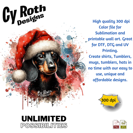 Dog wearing a Santa hat with 'Cy Roth Designs' branding and promotional text.