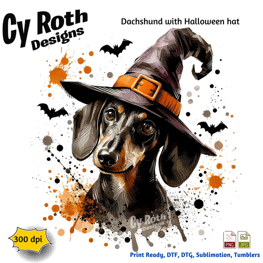 Dachshund wearing a Halloween witch hat with splatter effects and 'Cy Roth Designs' branding.