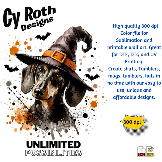 Dog wearing a witch hat with Halloween-themed text and graphics, featuring Cy Roth Designs.