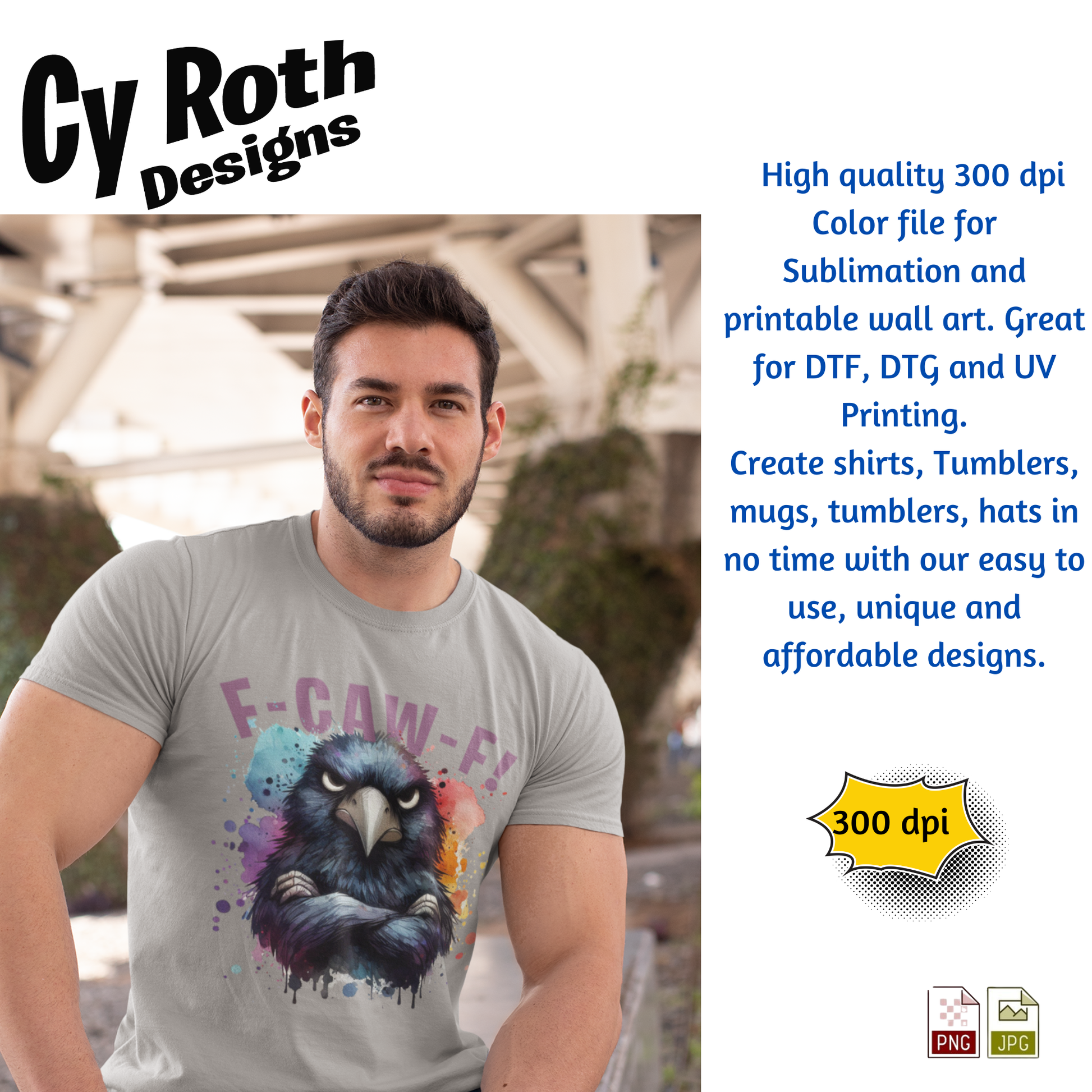 Man wearing F-CAW-F! Angry Crow Sublimation Artwork by CyRoth Designs