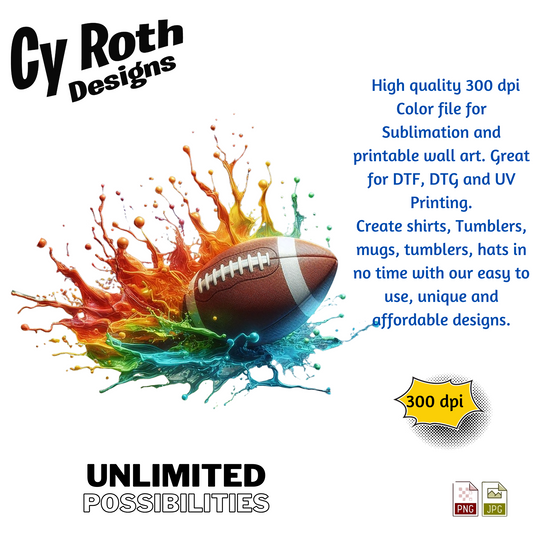 Football Sublimation PNG JPG file, Wall Art 20oz skinny Tumbler, shirt PNG, Junk Journal image. 3D Football Splash