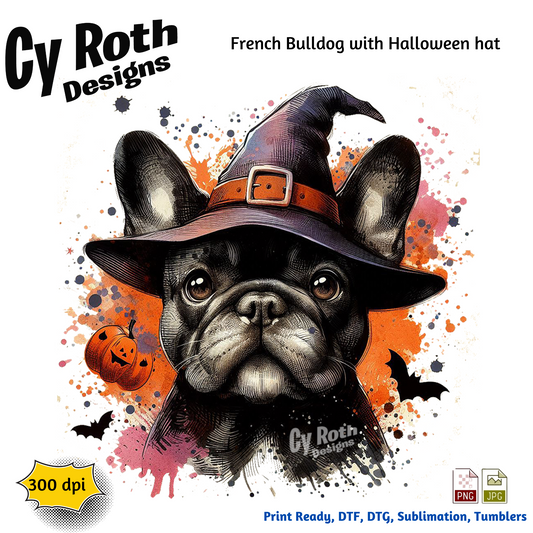 French Bulldog wearing a Halloween witch hat with splatter effects and 'Cy Roth Designs' branding.