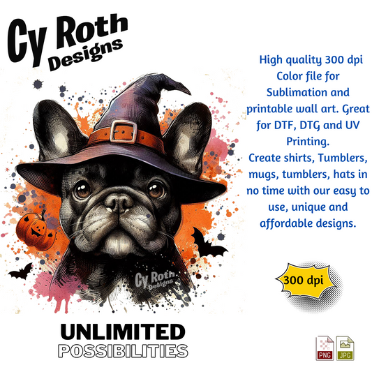 Dog wearing a witch hat with Halloween elements and promotional text for Cy Roth Designs.
