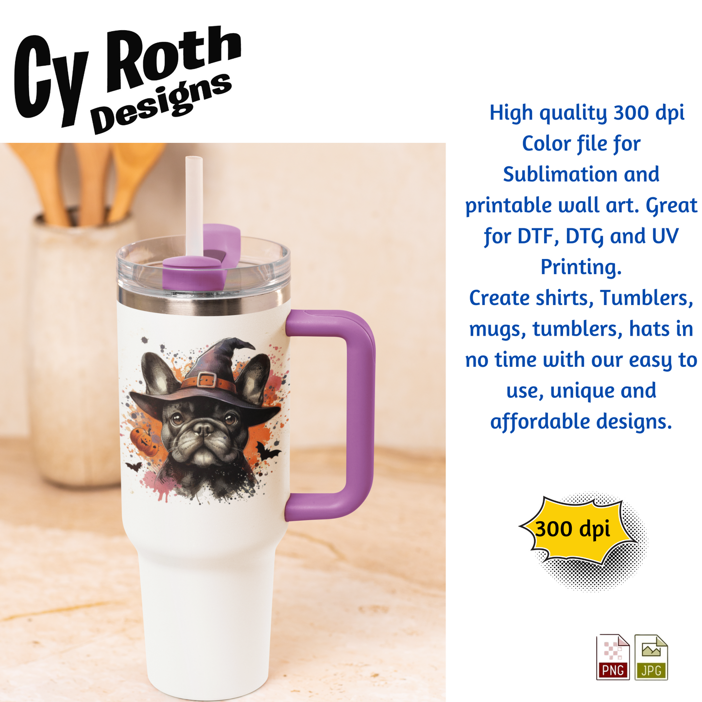 White tumbler with purple handle and lid featuring a dog in a witch hat design, with Cy Roth Designs branding and product details.
