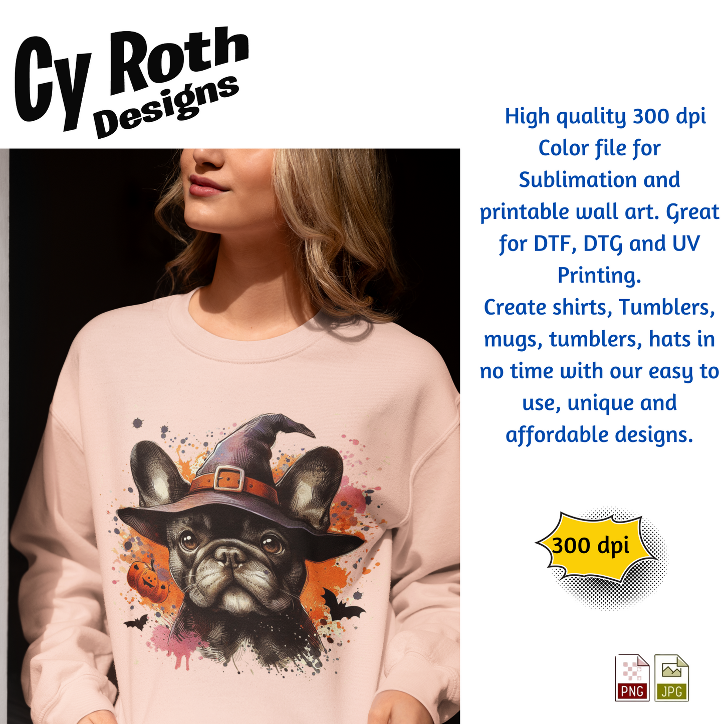 Person wearing a pink sweatshirt with a dog wearing a witch hat design, featuring Cy Roth Designs branding.