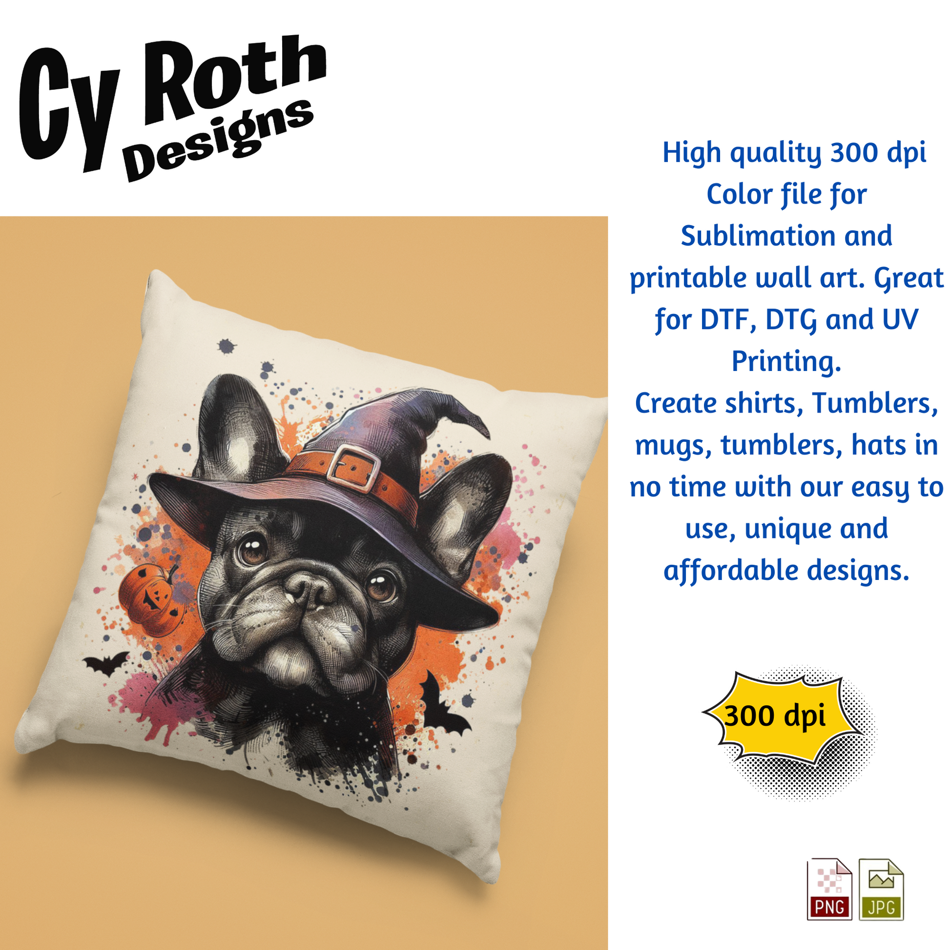 Decorative pillow with a dog wearing a witch hat on a beige background, featuring Cy Roth Designs branding.