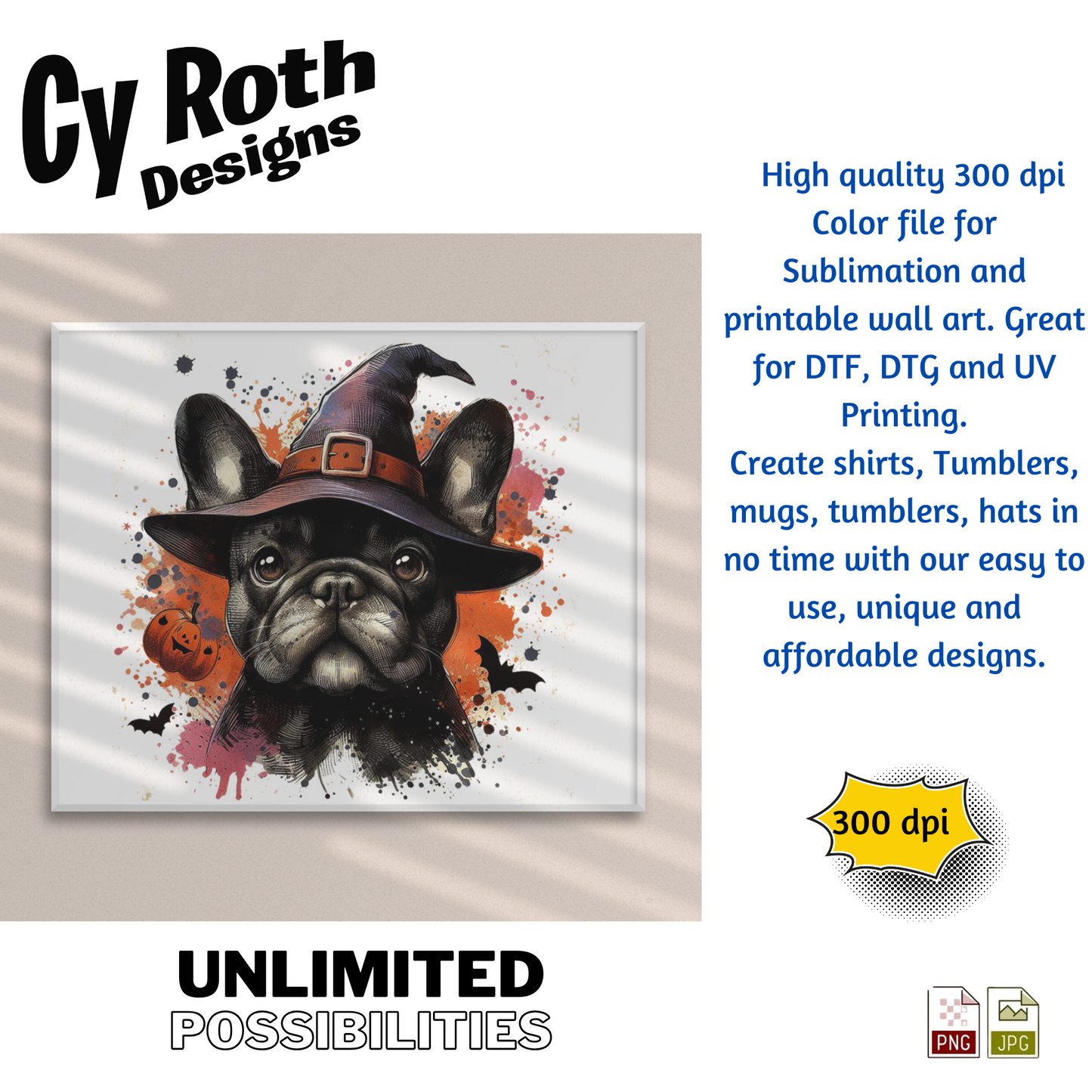 Halloween-themed design of a dog wearing a witch hat with pumpkins and bats, featuring Cy Roth Designs branding.