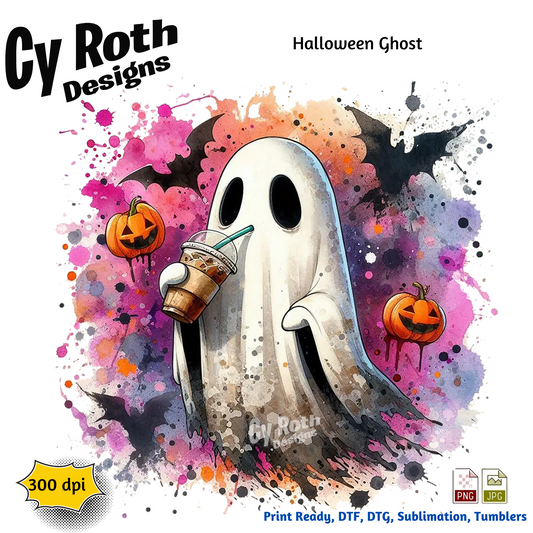 Halloween ghost sipping on iced coffee sublimation design for tumblers, T-Shirts, Wall Art (PNG, SVG Digital Download).