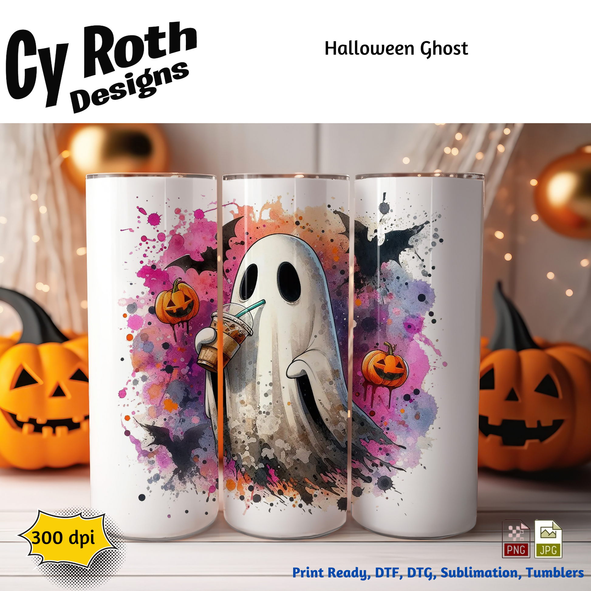 20 oz tumbler with Halloween ghost sipping on iced coffee sublimation design 