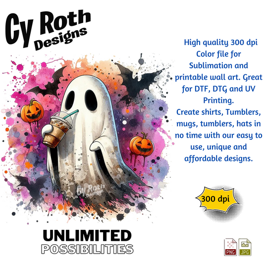 Halloween ghost sipping on iced coffee sublimation design for tumblers, T-Shirts, Wall Art (PNG, SVG Digital Download).