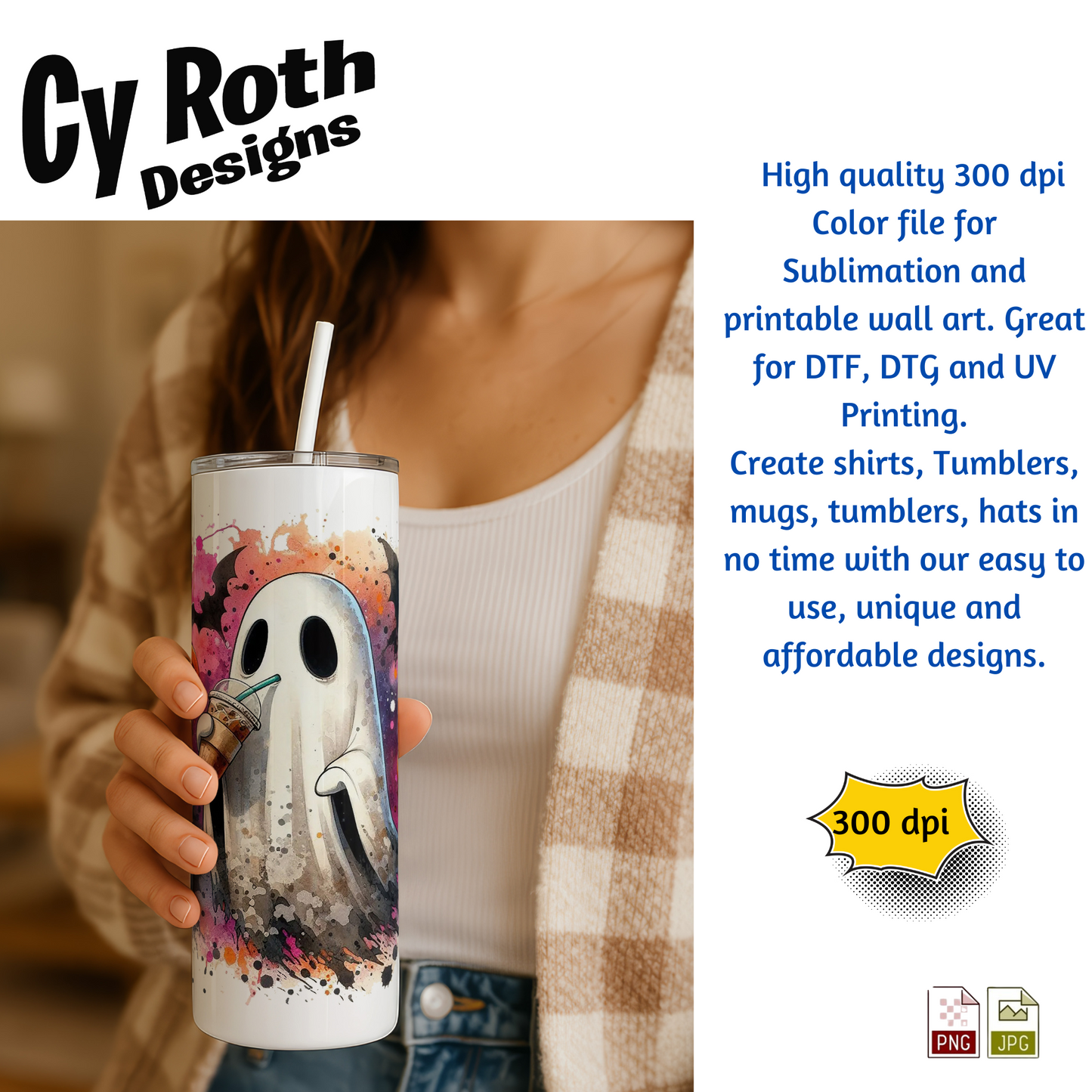 Woman holding tumbler with the image of a Halloween ghost sipping on iced coffee 