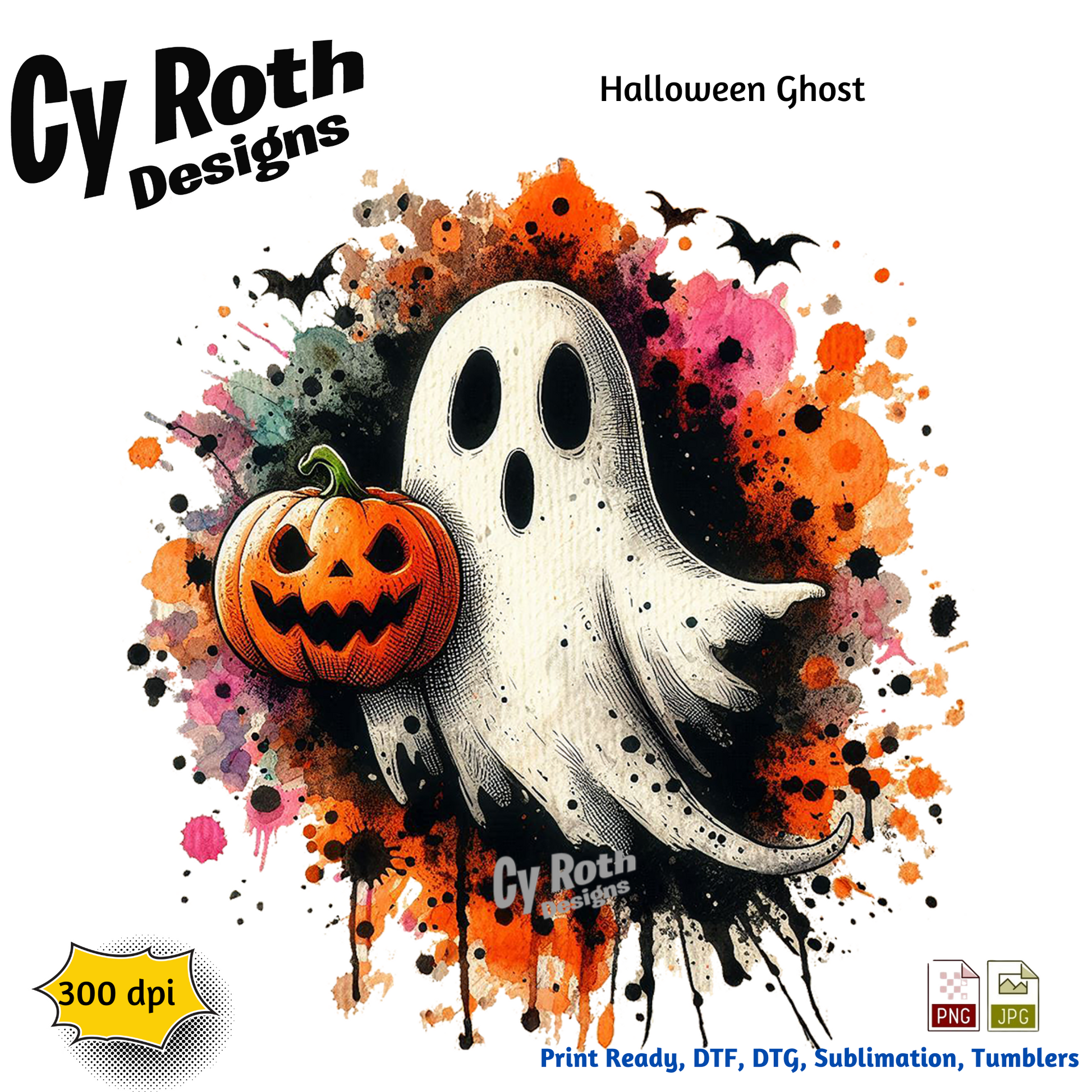 Halloween ghost with jackolantern sublimation design for tumblers, T-Shirts, Wall Art (PNG, SVG Digital Download).